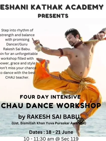 A poster for an intensive four-day Chhau dance workshop at Eshani Kathak Academy in Noida. I often collaborate with other dance schools to conduct specialized training sessions.