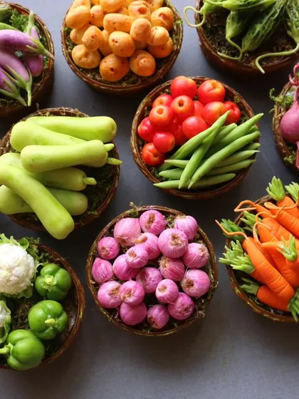 A beautiful flat lay of the vegetable baskets, showing the vibrant colors and variety.