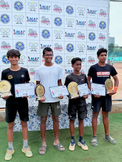Our players Eshita and Svar (far left and far right) among the finalists of the NS U-14 Doubles Tournament. Teamwork and doubles strategy are important parts of our curriculum.