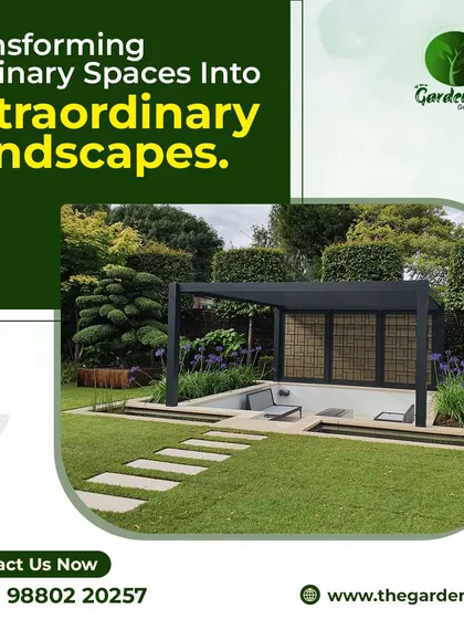 We specialize in transforming ordinary spaces into extraordinary landscapes, like this modern backyard with a sleek pergola and manicured lawn.