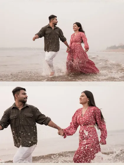 A diptych of the couple running hand-in-hand through the waves, full of life and energy.