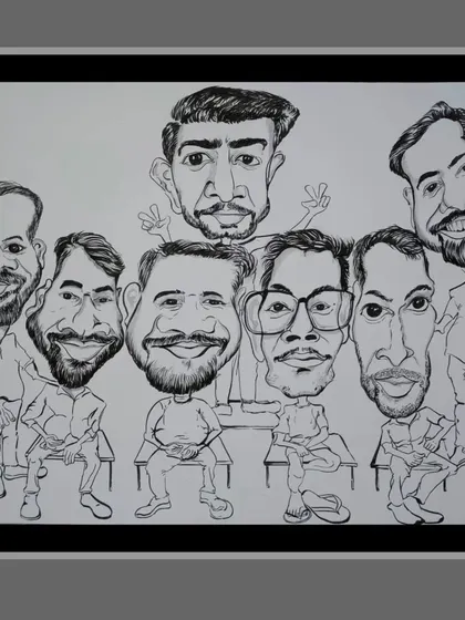 Here’s the black and white line art for the group of friends. This stage is all about getting the likenesses and expressions right before I bring in the color.