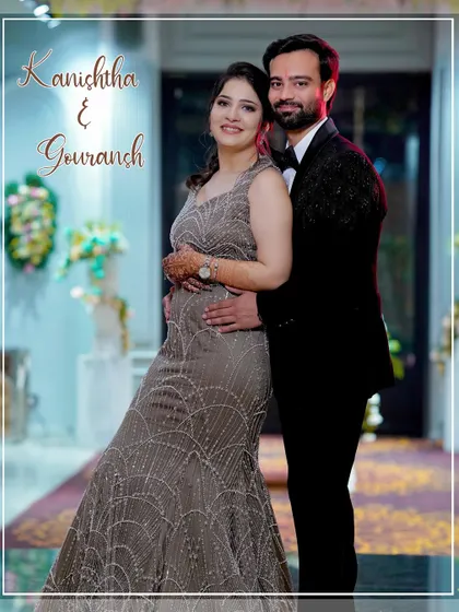 A classic portrait of Kanishtha and Gouransh from their engagement night, showcasing their elegant evening wear.