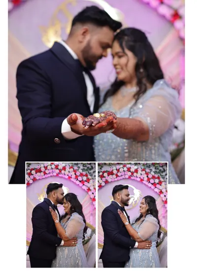 A collage from an engagement ceremony, featuring the couple's romantic moments and ring exchange.