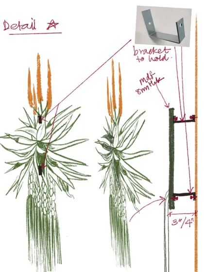 A detailed technical sketch for an art installation, showing the specifics of the bracket and assembly. This is the bridge between the artistic vision and the practical execution.