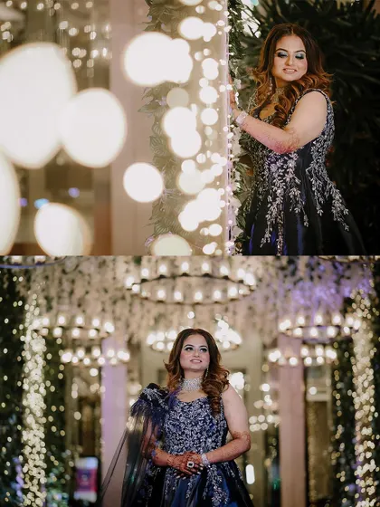 A collage of portraits showing the bride amidst the sparkling decor of her engagement venue.