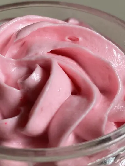 A beautiful texture shot of our whipped bath crème. The pink swirls are just as delightful to look at as they are to use.