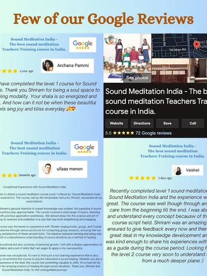 A collection of Google Reviews for my Sound Meditation Teacher Training Course. I am grateful for the feedback and excited to welcome new students to the upcoming May batches.