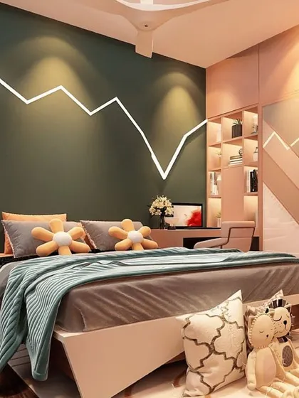 This playful bedroom features a unique zig-zag LED light on the wall, adding a dynamic and fun element to the decor.