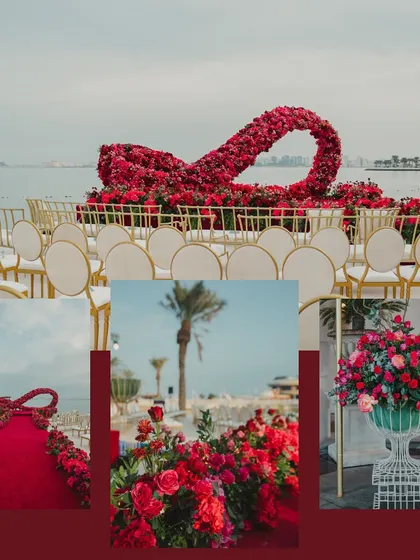 More views of the incredible infinity-shaped floral mandap in Doha, showcasing the design from every angle.