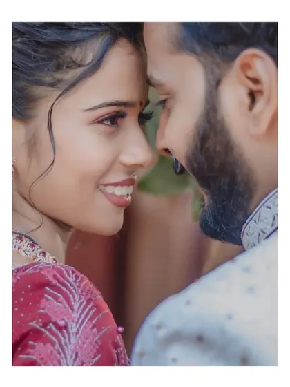 An extreme close-up capturing the intimacy and connection between a couple, nose to nose, during their engagement shoot.