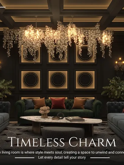 This living room exudes timeless charm. The design features a stunning crystal chandelier that cascades over the space, dark paneled walls, and plush green sofas, creating a perfect balance of soul and style.
