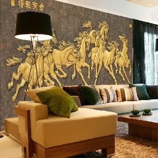 A powerful 3D wallpaper featuring galloping horses in a metallic gold finish. This design symbolizes strength and success, making it a popular choice for living rooms and offices.