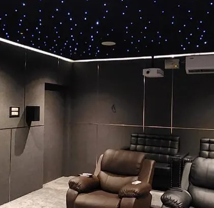 A view of the room's layout, showing the tiered seating and the clean, simple lines of the acoustic wall panels.