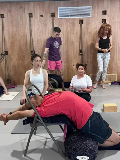 Additional images from my personal practice and teaching sessions, demonstrating a wide variety of asanas and the use of props. Each photo shows a moment of exploration in the journey of yoga.