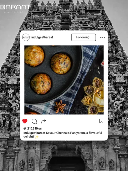 Savour Chennai's Paniyaram, a flavourful delight, pictured here against the backdrop of a traditional temple gopuram.