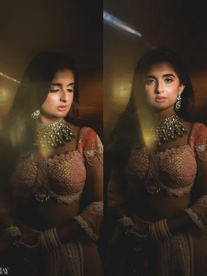 A diptych of artistic bridal portraits. The use of soft focus and light flares creates a dreamy, ethereal quality, focusing on the bride's expression and stunning jewelry.