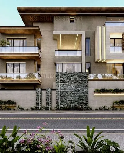 The street-level view of the South City home, showcasing the impressive scale and the sophisticated layering of different architectural elements.
