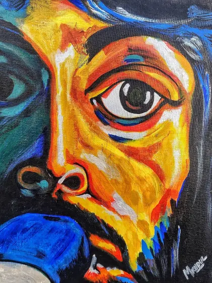 An abstract portrait using a vibrant palette of yellow, blue, and orange. I love experimenting with color to create art that is imaginative and real at the same time.