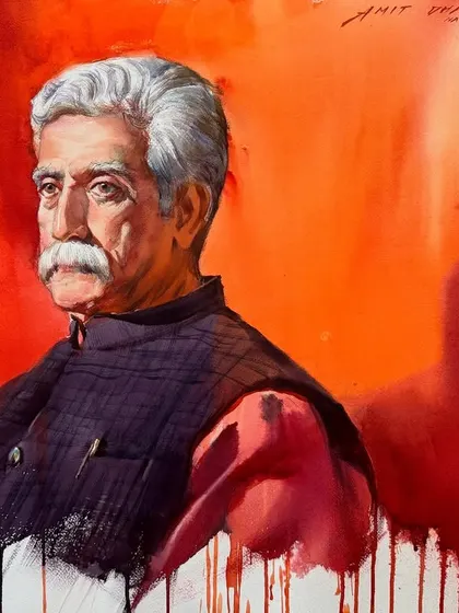 A watercolour portrait demonstration at Nashik Kala Niketan. The vibrant red background was chosen to create a powerful contrast.