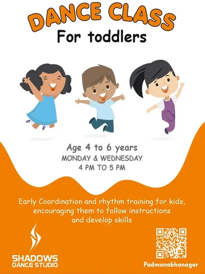 Our official flyer for the toddlers' dance class, for ages 4 to 6. These classes focus on early coordination and rhythm training in a fun, encouraging setting.