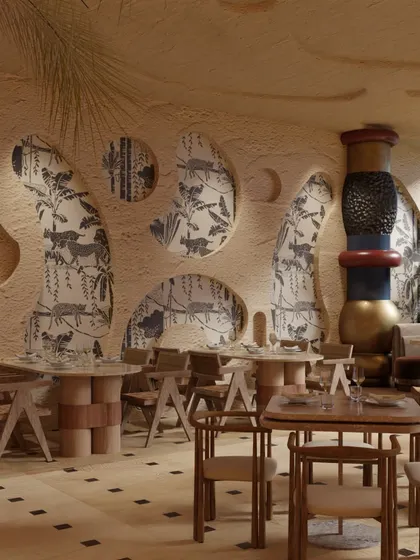 This render shows the custom wall art in Skyro's interior. The organic cutouts reveal jungle-themed patterns, creating a playful dialogue between the textured wall and the intricate illustrations within.