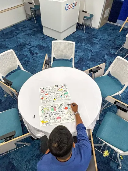 An overhead shot of my workspace at the Google office. This setup allows me to be fully immersed in the event's discussions while I create the live sketchnotes.
