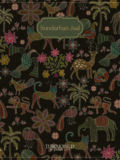A close-up of the Sundarban Jaal wallpaper, inspired by the Kantha stitch of Bengal. Every element, from the prowling tiger to the delicate birds, is designed to look like intricate threadwork, telling a story of the wild on your walls.