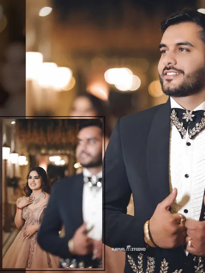 A creative shot focusing on the groom while the bride is beautifully blurred in the background, telling a story of anticipation.