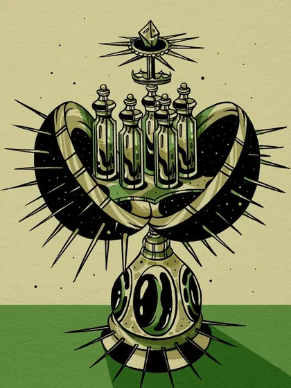 An ornate, celestial-themed perfume bottle holder from the 'Herfumes' project.