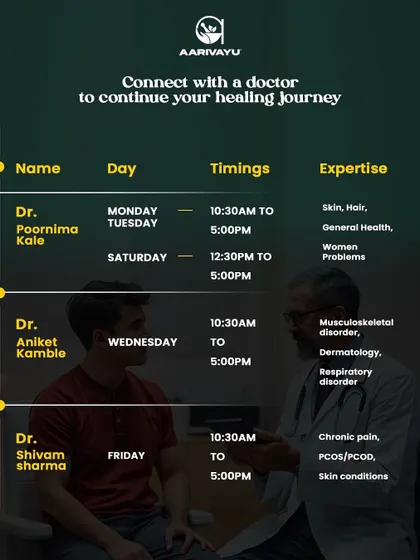 This is the daytime schedule for our Dadar branch, featuring doctors who specialize in skin, hair, general health, musculoskeletal disorders, and chronic pain.
