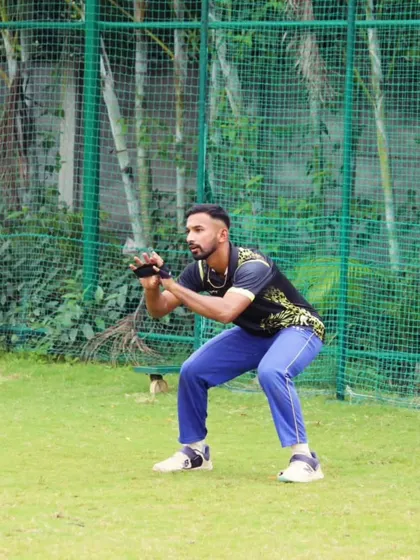Catching practice is crucial. Here's Aditya Mani honing his fielding skills at a Maharaja Trophy practice session.