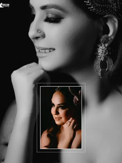 A creative black and white portrait of Tanya, with a smaller color photo inset, highlighting her beautiful smile.