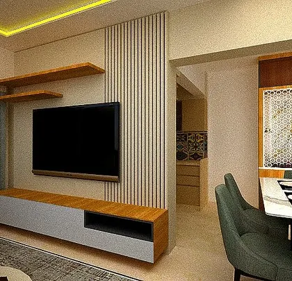 A 3D design for a living room that combines a floating TV unit with wooden rafters and a dining area separated by a jaali partition. This is how we plan spaces to be both open and defined.