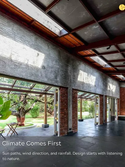 Climate comes first. This image of The Shell, with its open design and large overhangs, demonstrates our principle of designing in response to sun paths, wind direction, and rainfall.