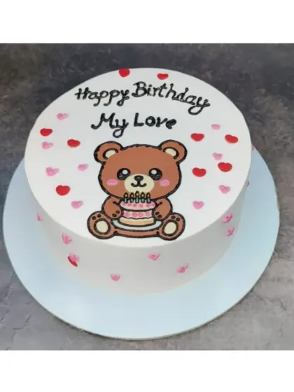A cute teddy bear cake for "My Love". This chocolate truffle hazelnut cake has a simple, hand-drawn style that is very charming.