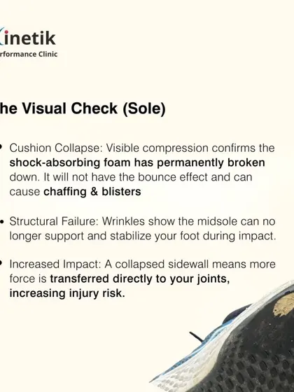 A visual check of the sole can reveal structural failure. Visible compression wrinkles in the foam mean the shoe can no longer properly support and stabilize your foot.