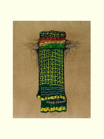 Titled 'Vastra', this piece is a detailed drawing of a folded saree, focusing on its intricate patterns and rich colors. I used colored pencils to bring out the texture of the fabric against the simple brown paper.