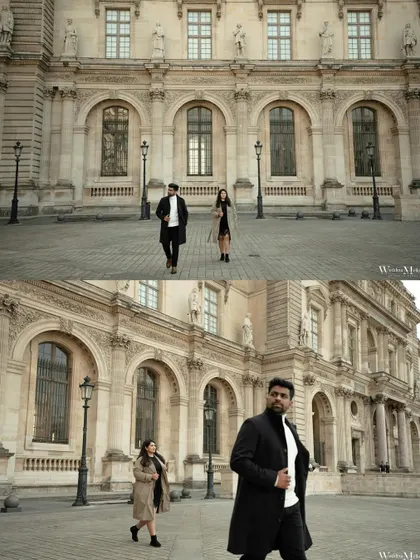 A diptych showing the couple walking through a Parisian courtyard, capturing a sense of movement and storytelling.