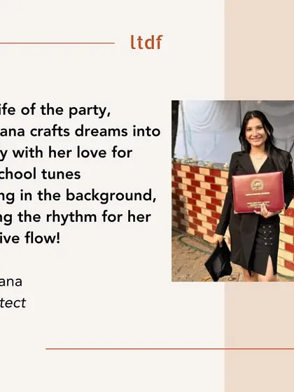 Celebrating the women of LTDF. Vandana, one of our architects, is the life of the party and crafts dreams into reality with a love for old-school tunes that sets the rhythm for her creative flow.