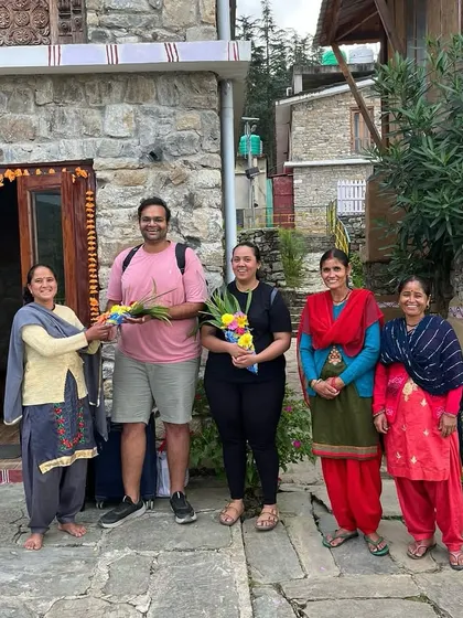 Monik engaging with a local community in Uttarakhand. His work is rooted in forging close bonds with people and tailoring designs to their needs and aspirations.