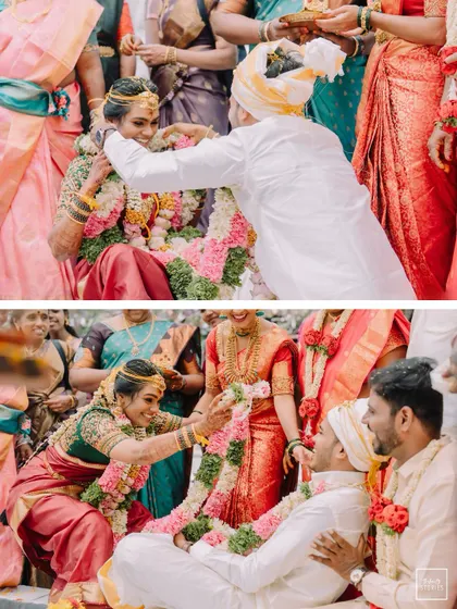 A fun and playful diptych of the garland exchange. These candid shots capture the competitive spirit and laughter that often accompany this beloved wedding ritual.