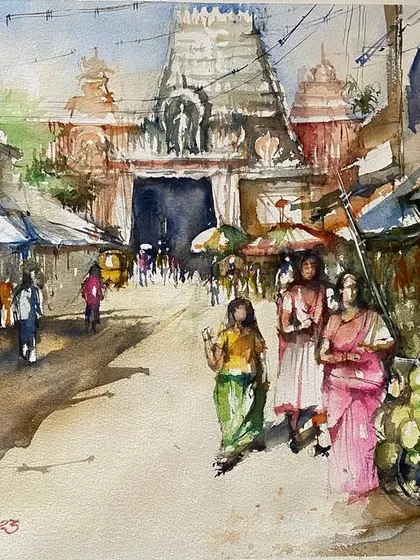 The streets leading to a temple are always fascinating. This large watercolor captures the vibrant chaos of a temple street, with its shops, devotees, and the ever-present auto-rickshaw.