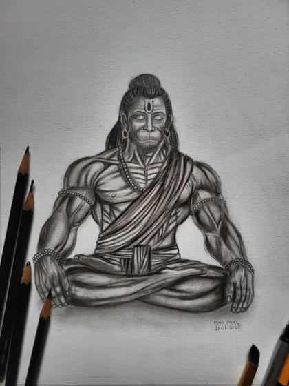 The final, completed sketch of Lord Hanuman, surrounded by the graphite pencils used to create him. A tribute to strength and devotion.