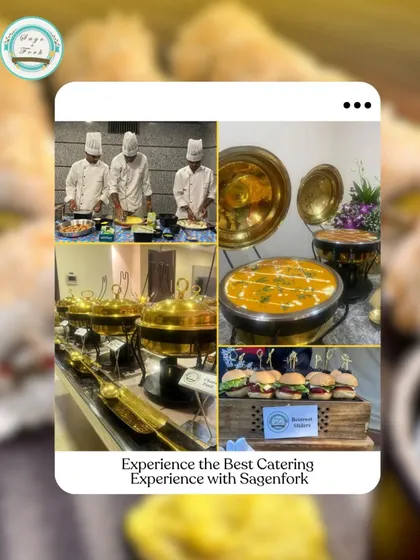 Experience the best in catering with Sage n Fork. This collage shows our chefs, our elegant buffet, and our delicious food, perfect for any house party or special occasion.