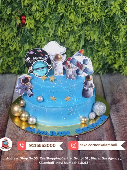 An out-of-this-world two-tier space theme cake. With astronauts, planets, and rockets, it's a stellar choice for a future space explorer's birthday.