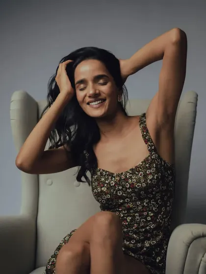 A candid, happy moment from the shoot, showing that the natural makeup looks just as good in expressive shots as it does in posed ones.