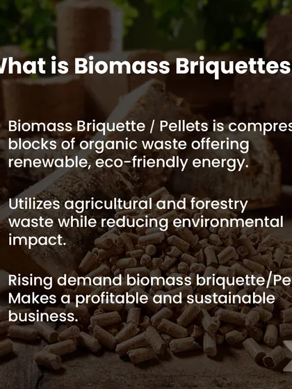 This image defines what biomass briquettes are: compressed blocks of organic waste. It highlights their role as a renewable, eco-friendly energy source and a profitable, sustainable business we help clients establish.