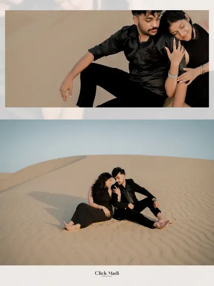 Intimate and romantic moments from a pre-wedding shoot in the Rajasthan desert, with the couple dressed in black against the golden sand.