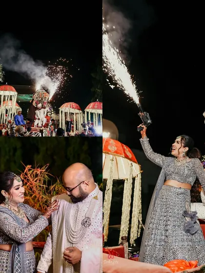 A collage capturing the high-energy moments of the wedding, from the groom's grand entrance on an elephant to the bride's sister celebrating with a cold pyro gun.